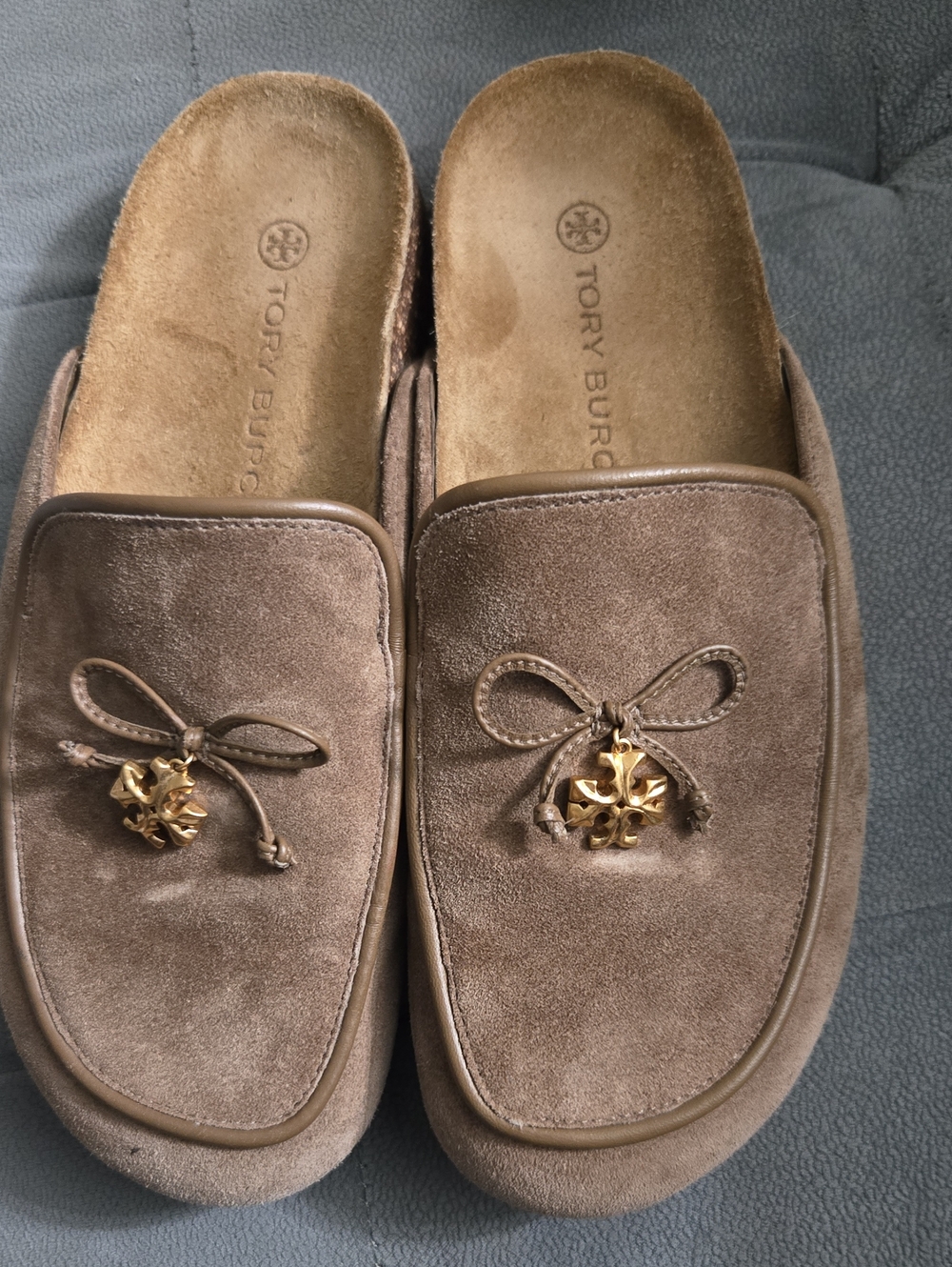 Tory Burch Taupe Suede Slide Mules with Gold Logo Charm